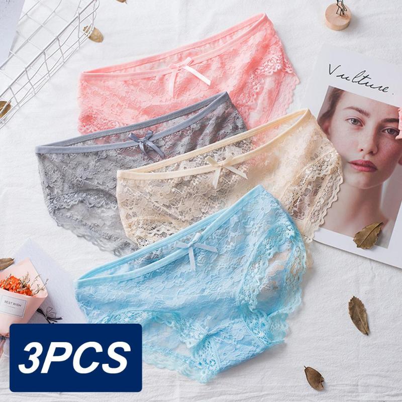 

Women's Panties 3pcs/Pack Sexy Women Lace Underwear Briefs -2XL Transparent Floral Bow Soft Lingerie Cotton Pink Panty Set, Purple blue apricot