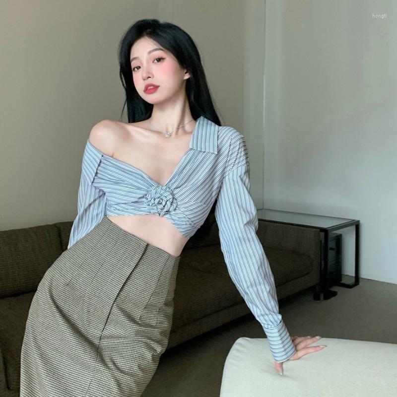 

Women's Blouses Blue Womens Tops V-neck Low-cut Blusas De Mujer Autumn Long Sleeve Sexy Style Club Striped Shirts Slim Crop Top, Striped tops