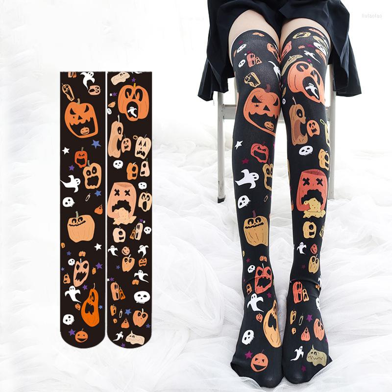 

Women Socks Japanese Girls Lolita Over Knee Tights Anime Big Pumpkin Halloween Cosplay Cartoon Pattern Printed Velvet Stockings Ly, Black
