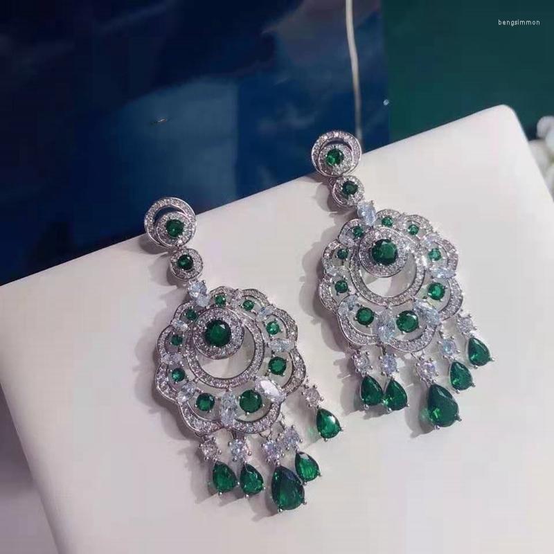 

Dangle Earrings Luxury S925 Emerald Flower Tassel Earring AU750 5A Zircon 18K Gold Drop For Women Wedding Fine Jewelry