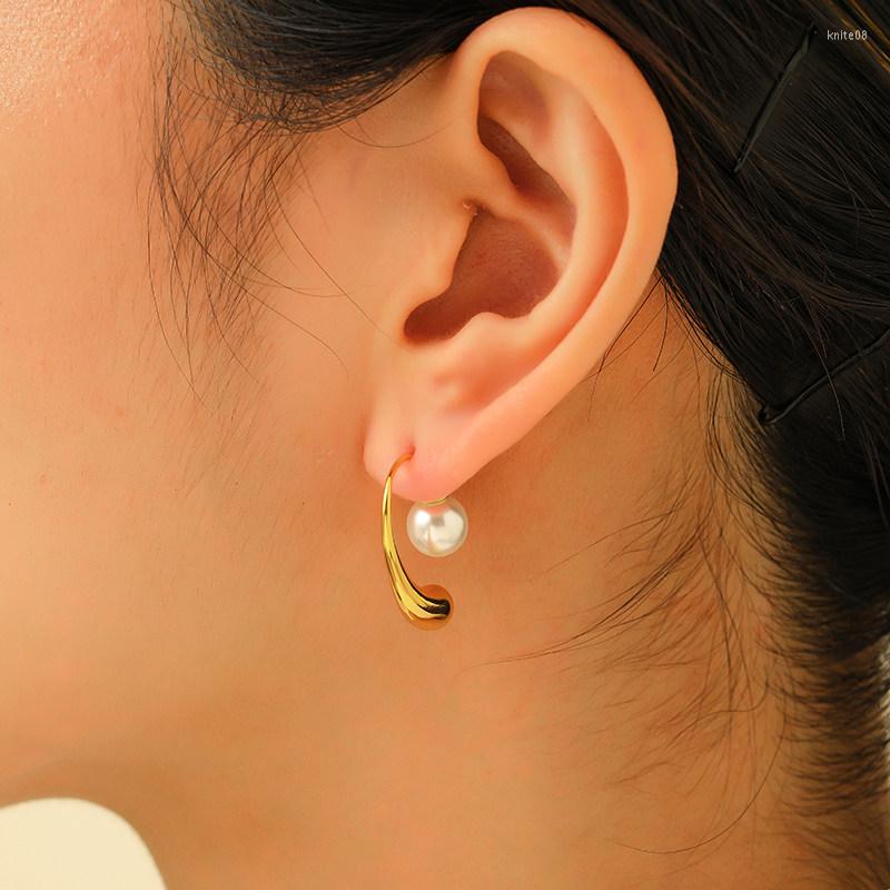 

Stud Earrings French Fashion Elegant Golden Droplet Imitation Pearl For Women Delicate Jewelry Removable Ear Hook Accessories