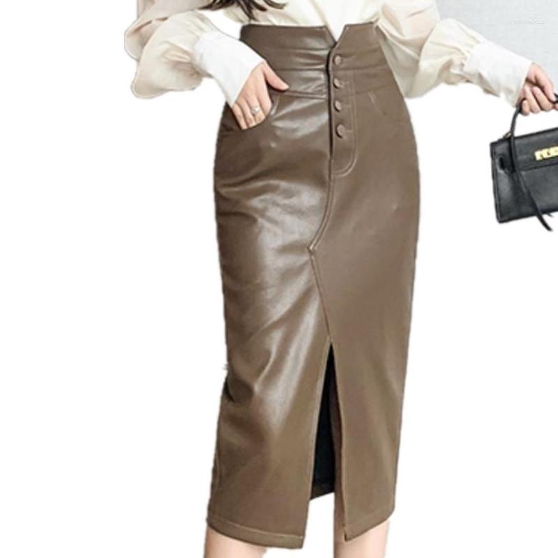 

Skirts Arrival Autumn Split Pu Leather Skirt Women High Waist Package Hip Knee Length, Beige