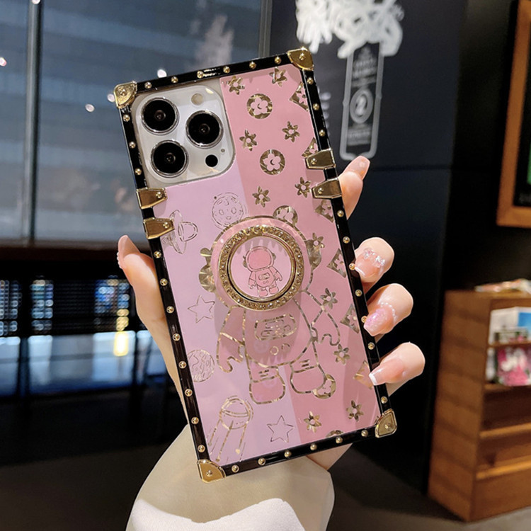 

YEZHOU designer unique phone case For iphone 14 13 12 11 pro max apple Cute Outer Space Astronauts Electroplated Square with Stand Protective cover, Black