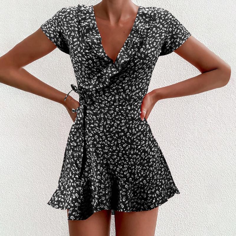 

Party Dresses Red Sexy V Neck Floral Print Self Tie Wrap Dress Mini Women Boho Ruffle Hem Flare Sleeve Summer Vestidos D30, Black