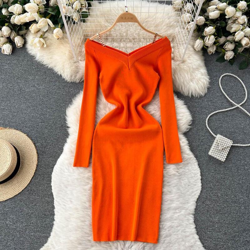 

Casual Dresses Korean Chic Dress V Neck Lace Up Sexy Knitted Black Split Female Long Sleeve Autumn Vestidos Women Clothes Drop, Orange