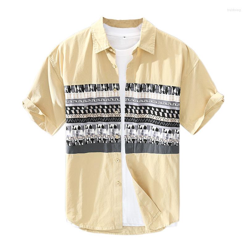 

Men's Casual Shirts Summer Men Shirt Korean Style Harajuku Stitching Men's Loose Lapel Solid Color Cotton High Quality Tops, White