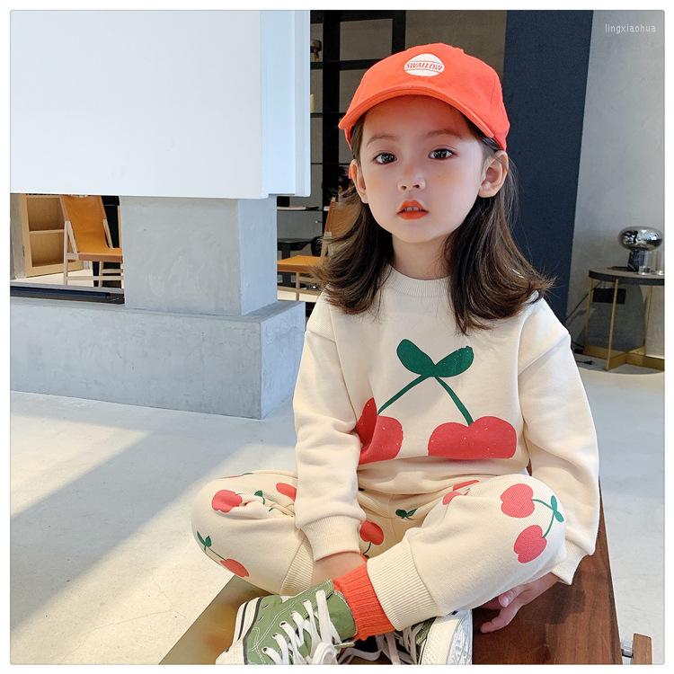 

Clothing Sets Children Long Sleeve Cotton Kids Cartoon Outfits Baby Girls Set Autumn Cherry Sports Suit Sweatshirt Pants, Beige