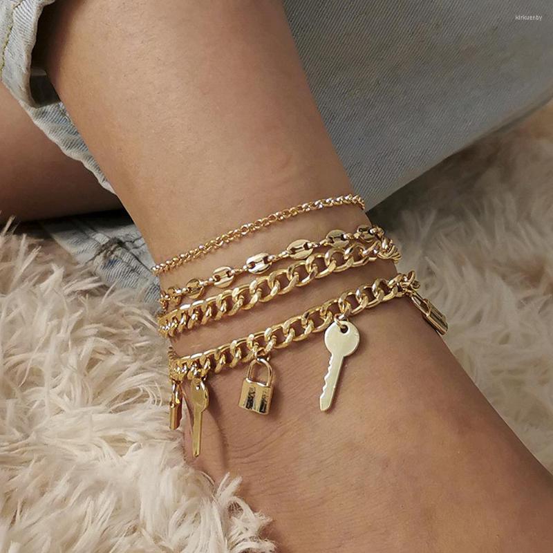 

Anklets 4pcs Set Personality Temperament Geometric Lock Key Women Fashion Fine Multi-layer Body Foot Chain Girl Anklet Accessories Gift