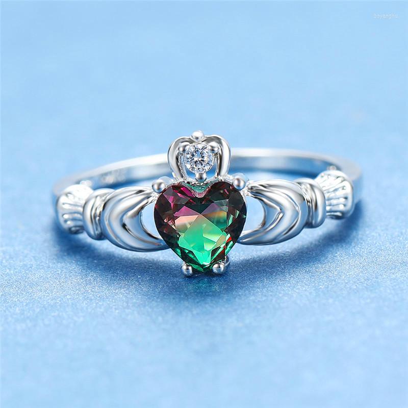 

Wedding Rings RongXing Simple Fashion Heart Claddagh Rainbow Zircon For Women White Gold Filled Crystal Ring Engagement Jewelry