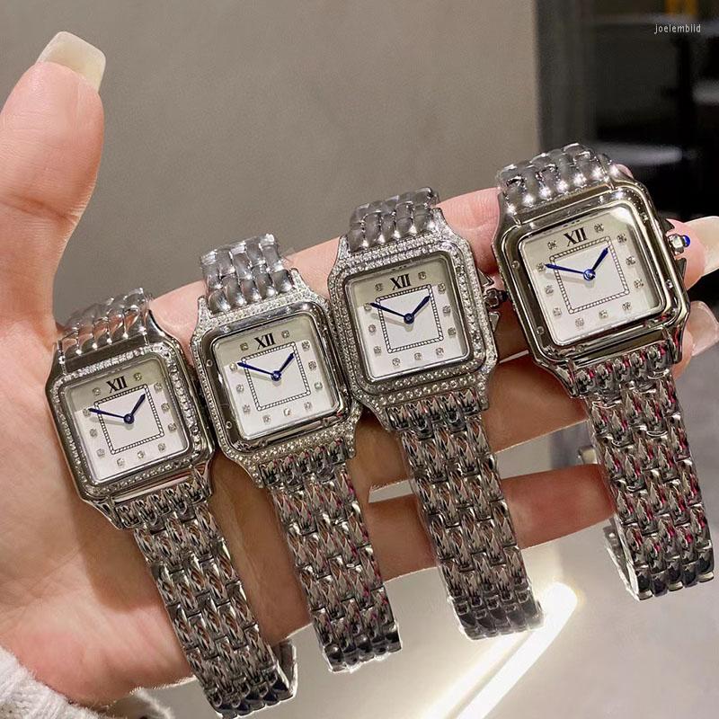 

Wristwatches High-end Fashion Ladies Quartz Watch 316L Stainless Steel Diamond Literally Square 27MM Size Girls Exquisite Gift, Silver 1