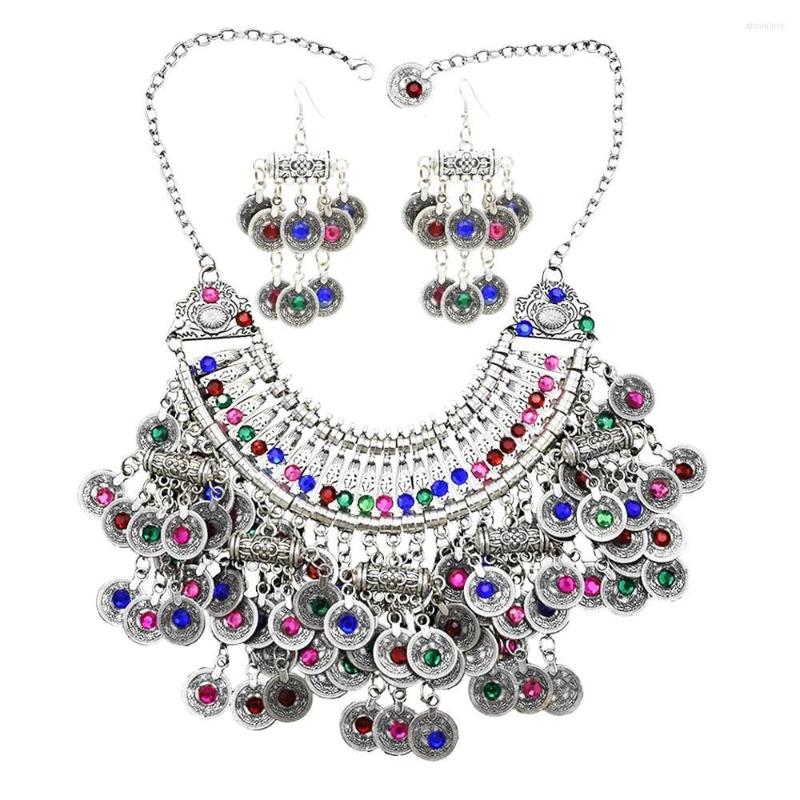 

Necklace Earrings Set Afghan Silver Coin Tassel Big Bib Statement & Earring For Women Turkish Gypsy Metal Rhinestone Party Jewelry, Picture shown