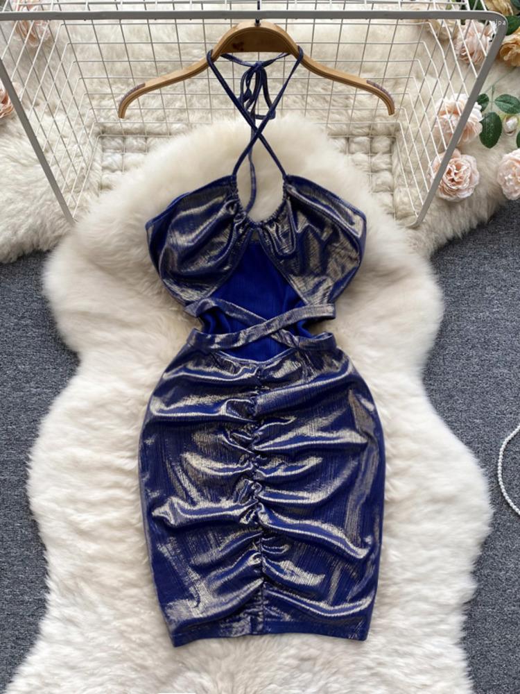 

Casual Dresses Foamlina Sexy Hollow Out Lace-up Halter Collar Sleeveless Backless Mini Bodycon Dress Women Summer Fashion Ruched Club, Blue