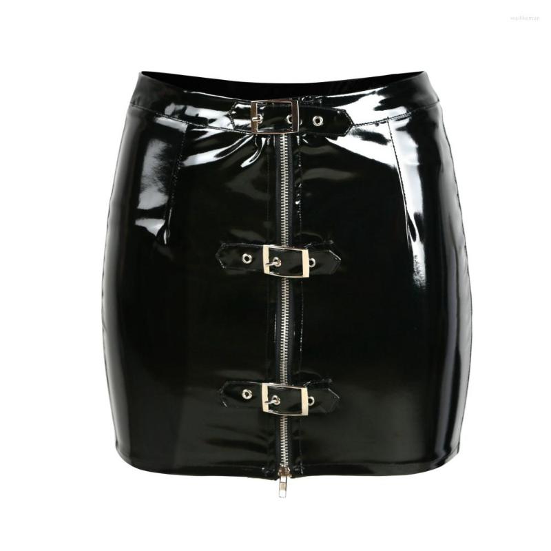 

Skirts Women Sexy Zip Up Buckled Wet Look PVC Slim Pencil Skirt Clubwear, Black