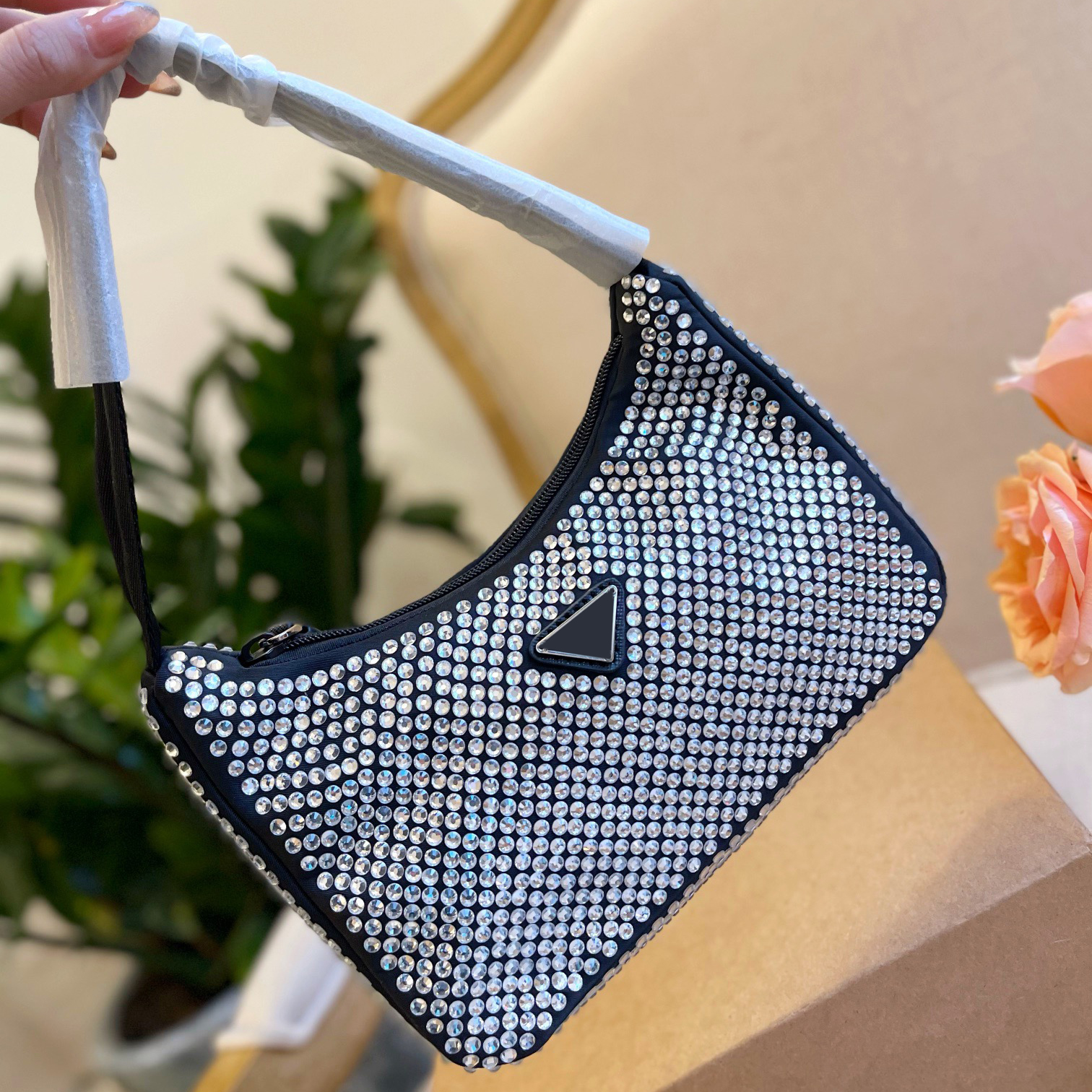 

Luxury designer diamond handbag rhinestone nylon messenger bag classic ladies underarm shoulder wallet fashion retro star