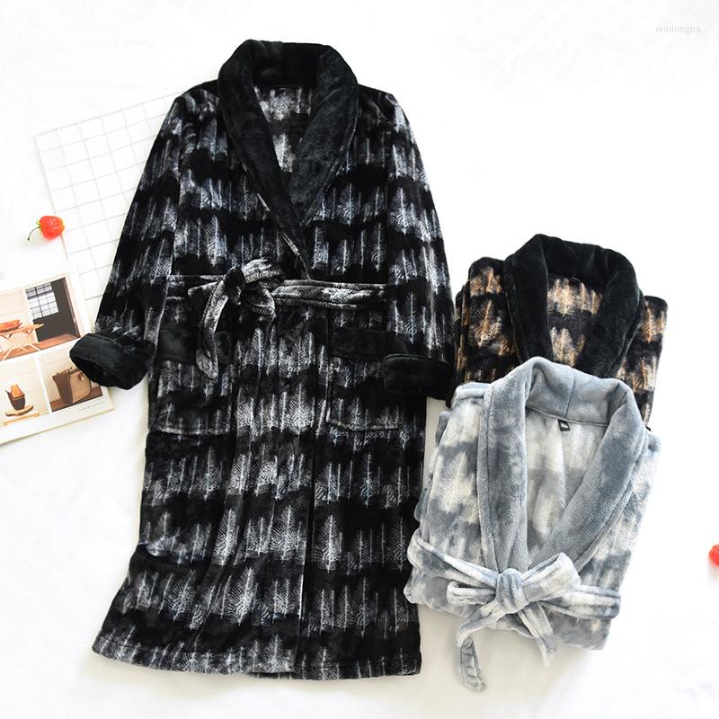 

Men's Sleepwear Japanese Autumn And Winter Men's Nightgown Long Flannel Velvet Thick Robe Home Service Plus Size Bathrobe Kimono, Black-gray