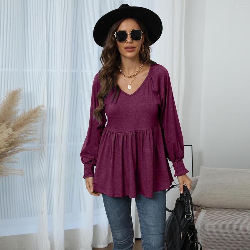 

Women' T Shirts 2022 Autumn Women' Fashion V-neck Puff Long Sleeve Tunic T-shirt, Black