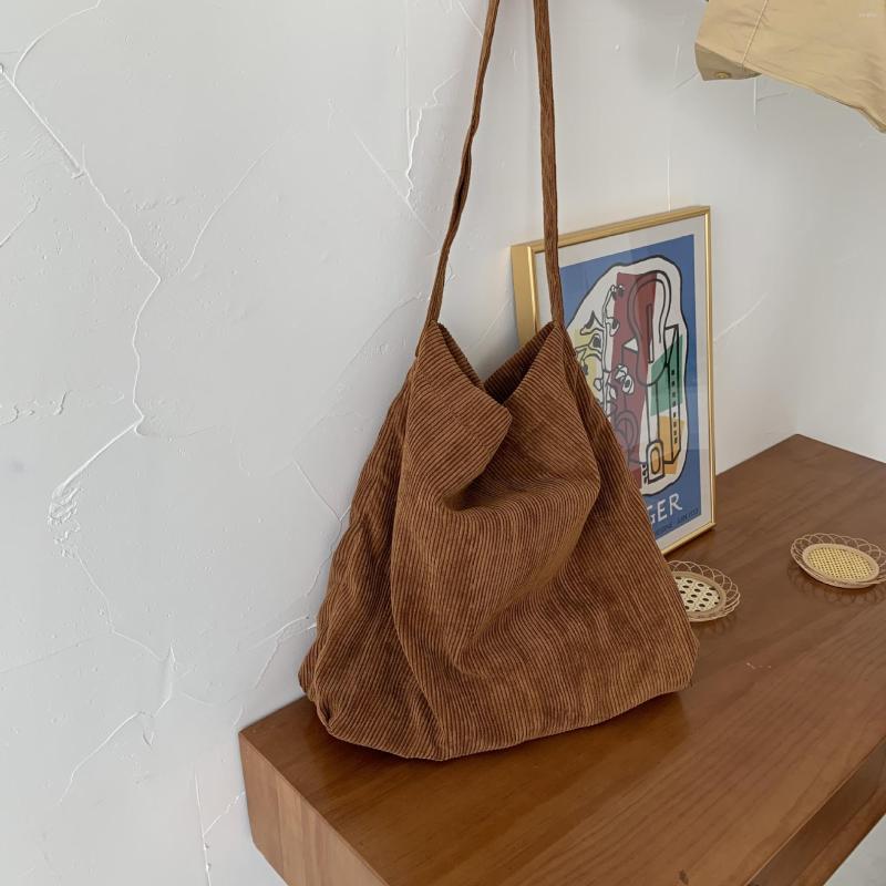 

Evening Bags Women Corduroy Shoulder Bag Solid Color Fashion Shopper Handbag Eco Cloth Tote Cute Soft Shopping Girls Schoolbag, Beige