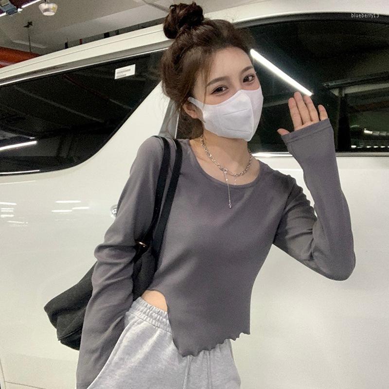 

Women's T Shirts Autumn Womens Long Sleeved Tshirt Slim Irregular Tops Girls Round Neck T-shirts Bottoming 2022, Black