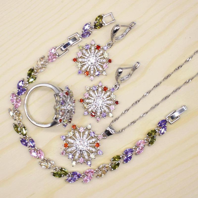 

Necklace Earrings Set GZJY Women Multicolor Silver Flower Shape Pendant Wedding Ring Leaf Bracelet Jewelry For, Picture shown