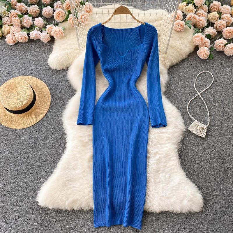 

Casual Dresses Low Fashion Sexy Neck Leak Collarbone Tight Waist Elastic Knitted Dress Women's Autumn And Winter Bottoming Skirt, Black