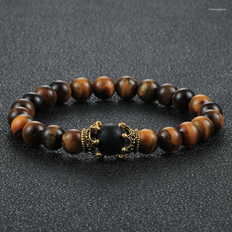 

Strand 8mm Tiger Eye Stone Black Onyx Bracelet For Men Fashion Gold Color King Crown Natural Lava Rock Beads Bracelets Jewelry Pulseira
