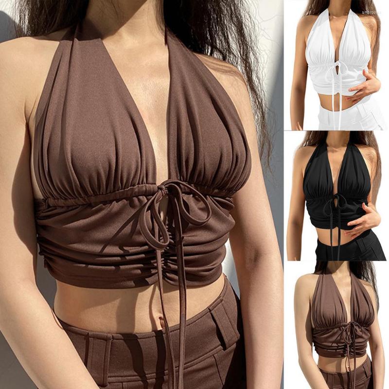 

Women's Tanks Summer Stretch Sleeveless Camisole Tops Streetwear Y2K Sexy Crop Top Ruched Halter Deep V Neck Lace Up, Brown