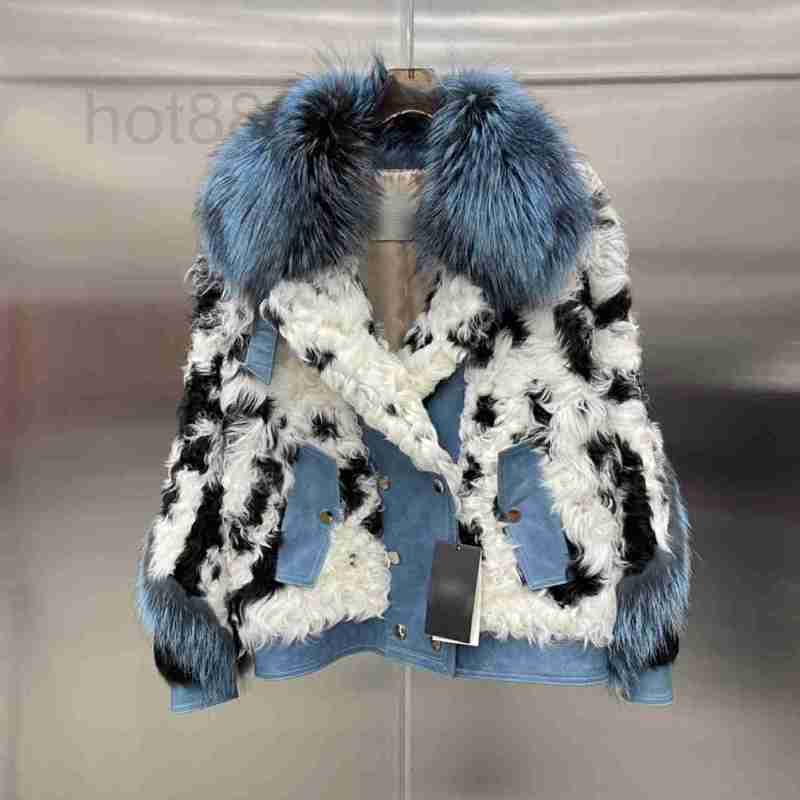 

Women's Wool & Blends Designer Winter new wool fur silver fox collar motorcycle casual coat women BJBK, Blue and white