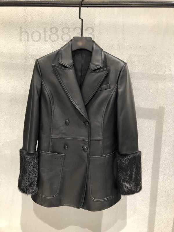 

Women' Leather & Faux Designer Autumn and winter new style shui mink sleeve sheepskin leather coat slim skinny women TAOJ, Black7