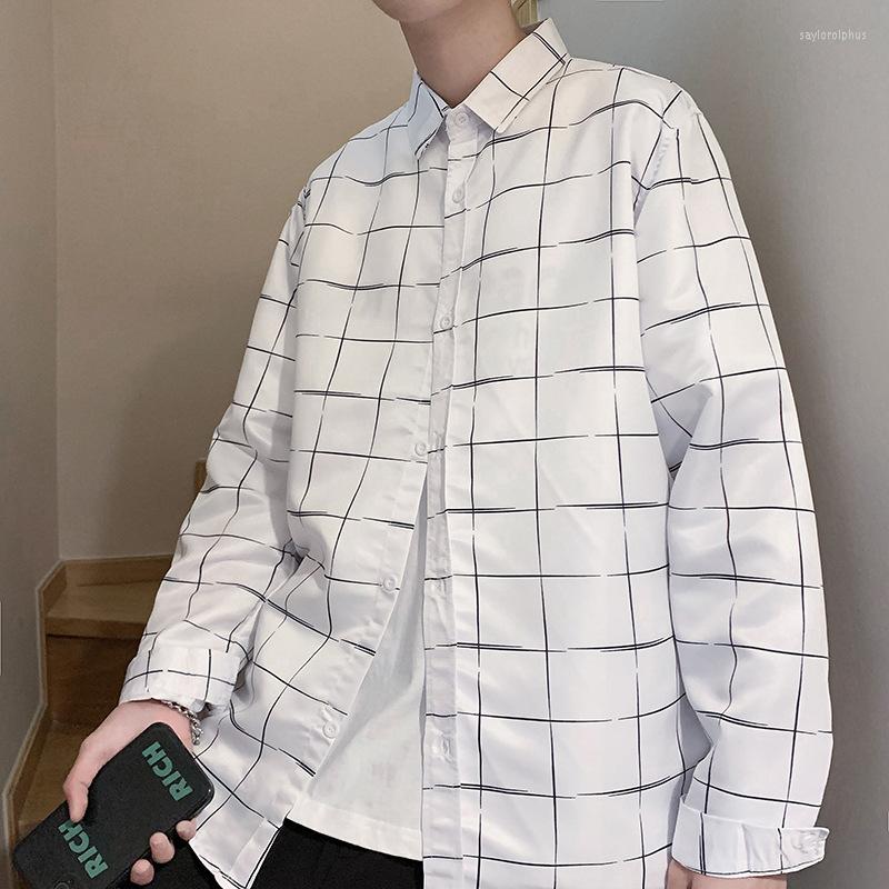 

Men's Casual Shirts ZCSMLL Plaid Shirt Men's Summer Korean Style Loose Long Sleeved Turn-down Collar Sleeve Fashion Vintage Blouse, White