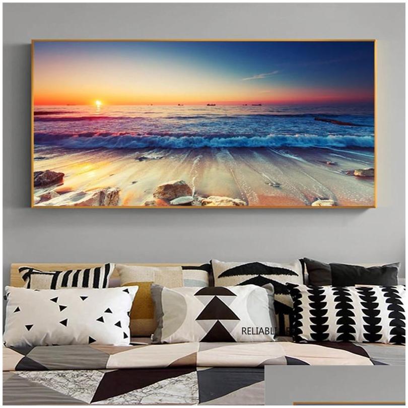modern sea wave beach sunset canvas painting nature seascape posters and prints wall art pictures for living room decoration