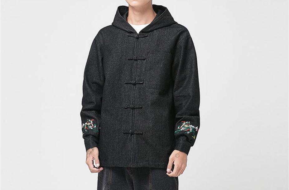 

Men's Jackets 2022 Men Kirin Embroidery Japan Hodded Mens Casual Denim Jacket Male Fashion Oversize Autumn Coat, Black