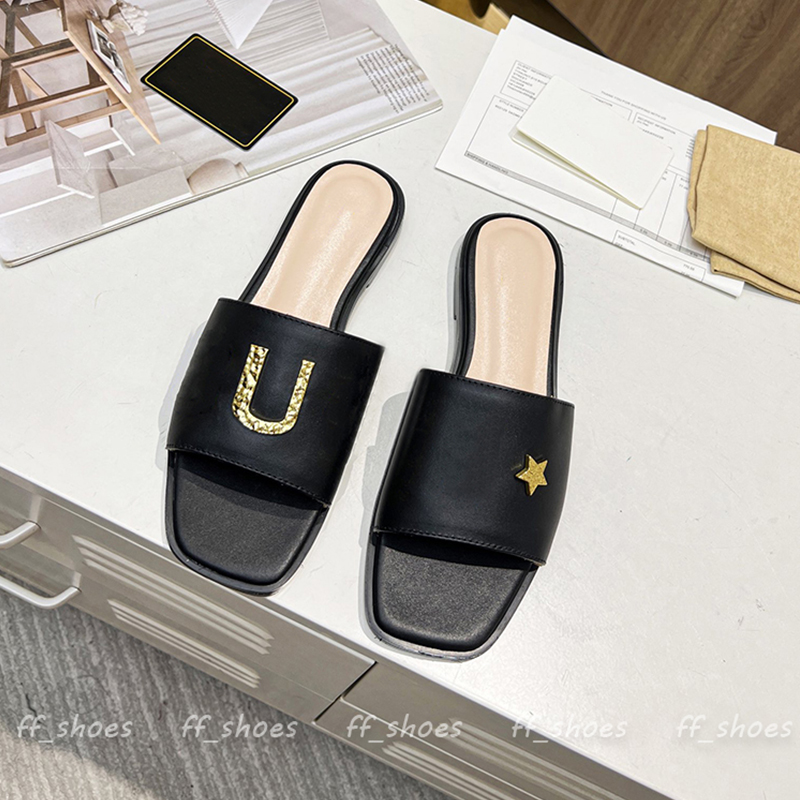 

Women Slippers Slides Sandals 2023 New Designer Low Heels Casual Shoes Gold Lettering Genuine Leather Fashion Outdoor Stars Sandal Slipper Slide US Size 12 EUR 43, Box(not sold separately)