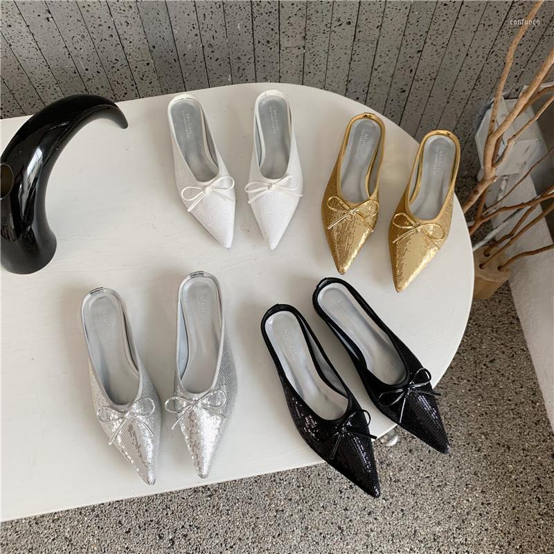

Slippers Pointed Toe Women Sequin Cloth 2022 Arrivals Summer Outside Beach Shoes Round Low Heels Bow Dress Sandals Flip Flop, Black