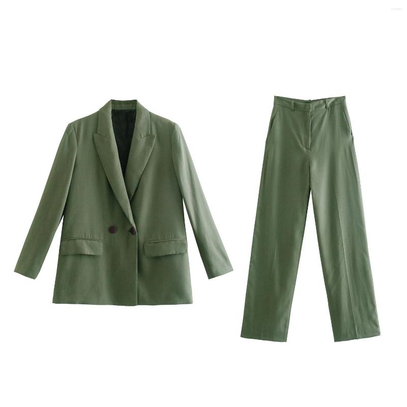 

Women's Suits Women's Fashion Solid Color Double Breasted Suit Coat Retro Long Sleeve And High Waist Casual Pants, Green pants