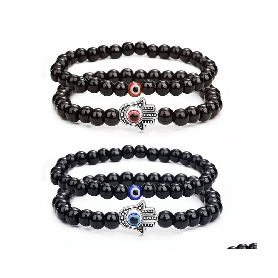 

Beaded Strands 2Pcs Handmade Elastic 6Mm Black Agate Kabh Bracelet Natural Stone 8Mm 10Mm Evil Blue Eye Hamsa Fatima Hand Charm Cou Dhxfl