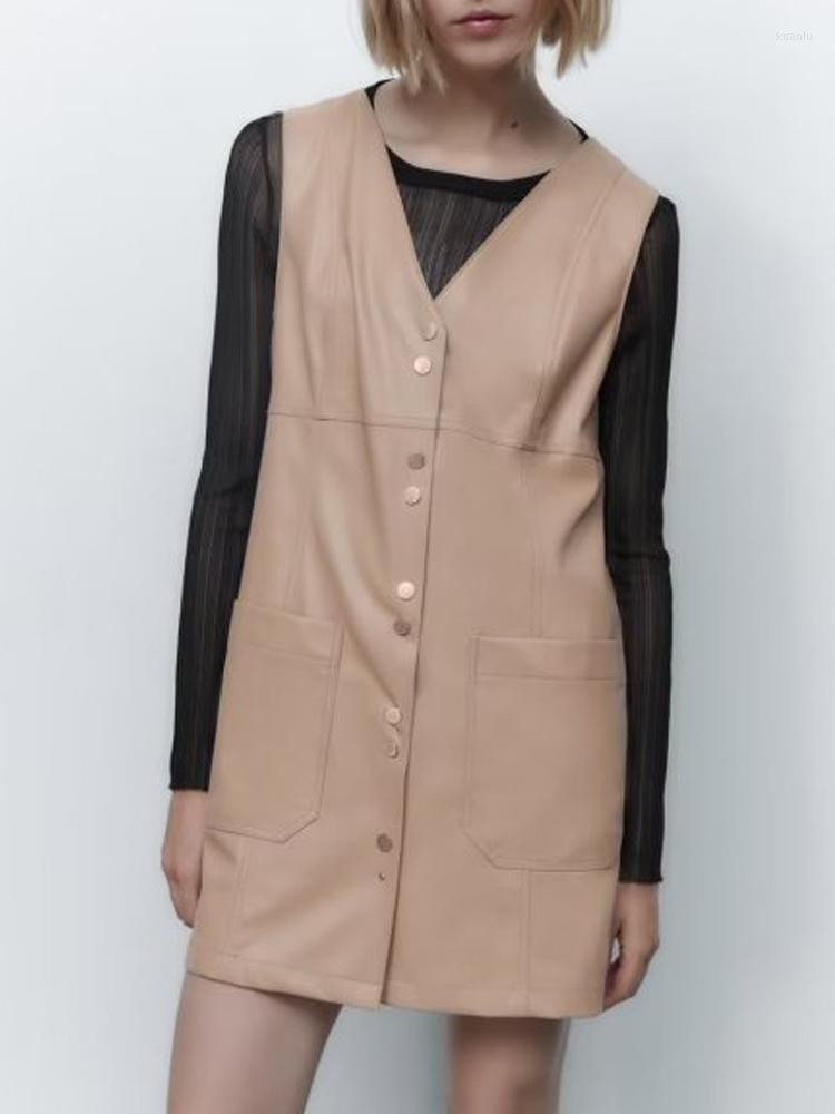 

Casual Dresses Kumsvag 2022 Autumn Women PU Tank Dress Fashion Sleeveless Solid V-Neck Buttons Pockets Female ELegant Street Mini