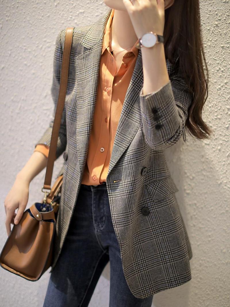 

Women's Suits Plaid Blazer Femme Double Breasted Suit For Women 2022 Oversized Vintage Americana Mujer Outwear, As the picture