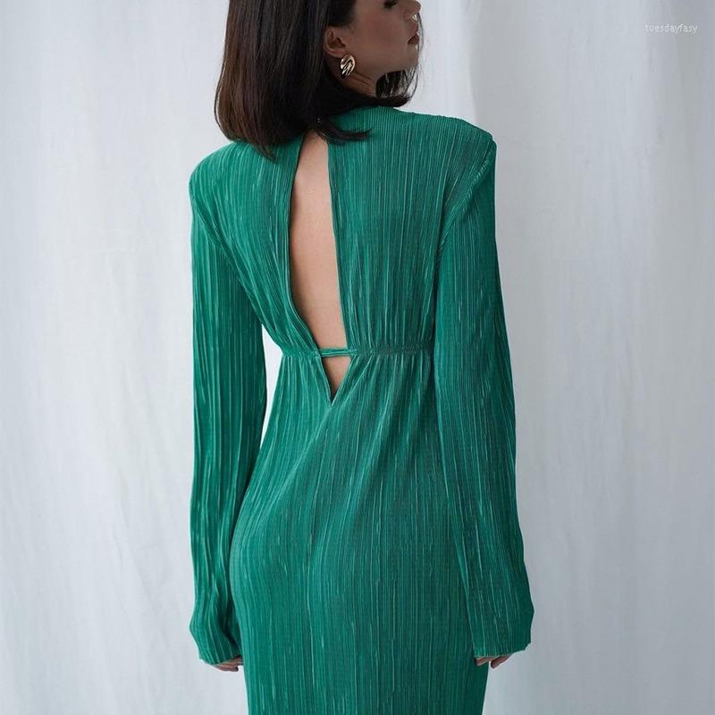 

Casual Dresses Hollow Out Sexy Elegant Dress For Women Spring 2022 Brown Long Round Neck Backless Slim Sleeve Pleated 18691, Green