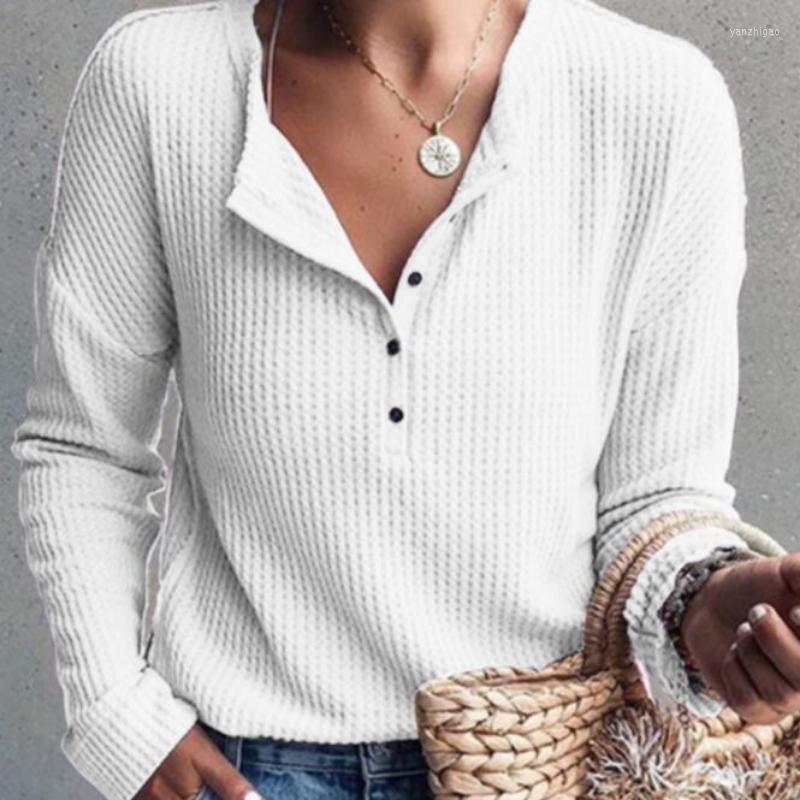 

Women' T Shirts Blusas 2022 V-neck T-shirt Loose Top Solid Button Tops Fashion Shirt Casual Cotton Ropa Mujer All-match 23515, White