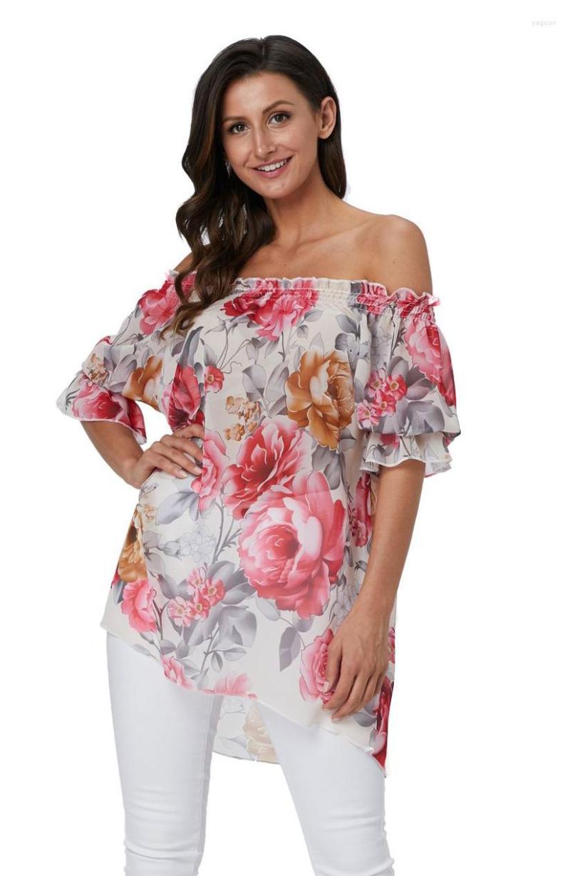 

Women's Blouses Baharcelin Female Summer Blouse Slash Neck Flare Sleeve Casual Printed Big Rose Chiffon Tops Size Clothing, 10