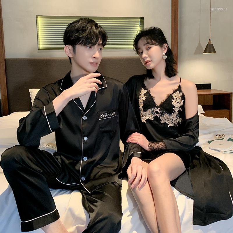 

Women's Sleepwear Couple 2PCS Robe Pajamas Gown Sets Lace Trim Bathrobe Kimono Sexy Nightdress Pyjamas Suit Bride Lingerie Home Clothes, Black-men