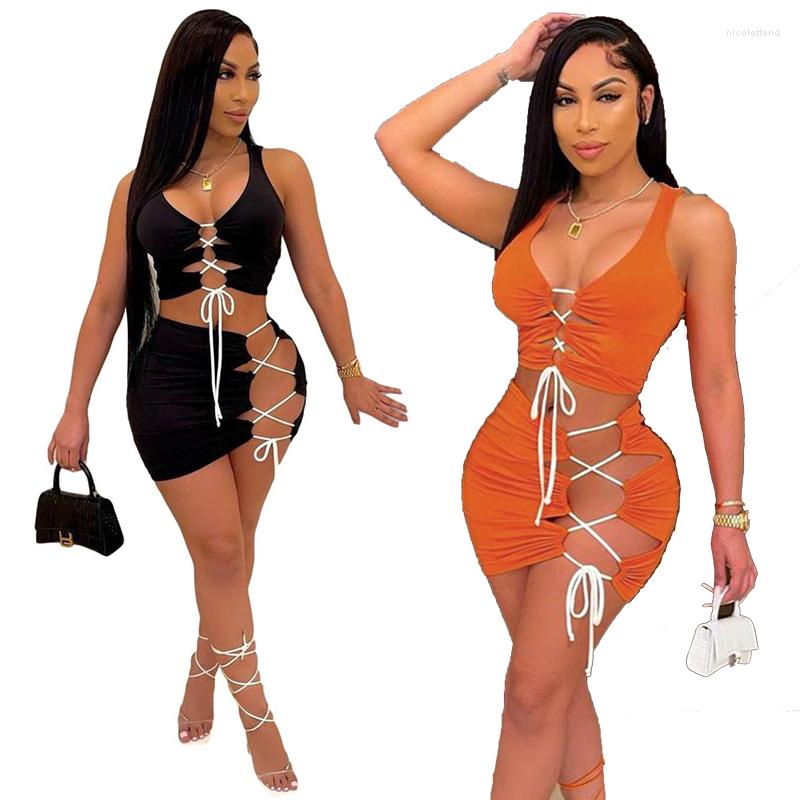 

Skirts 2022 Aummer Women' Lace-Up Strapless Vest High Waist Bag Hip Skirt Casual Suit Female Solid Slim Tops &Botton Sexy, Black