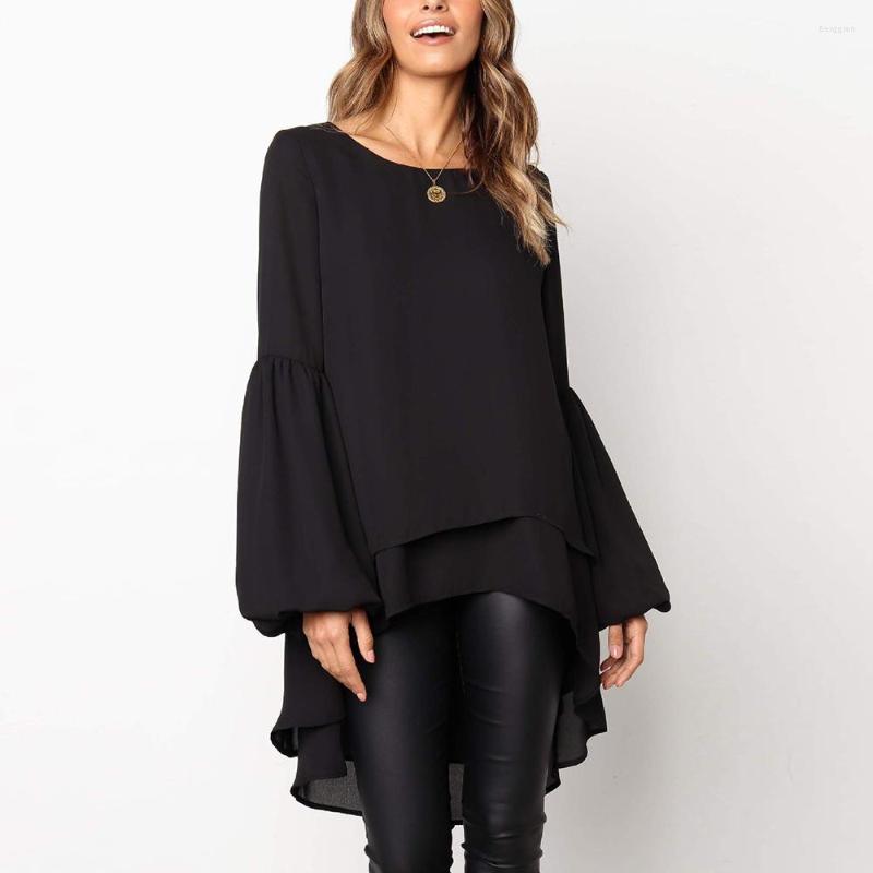 

Women' Blouses Autumn Winter Round Neck Lantern Sleeves Irregular Hem Women Chiffon Shirt Ladies Casual Slim Black Elegant Solid Color Long
