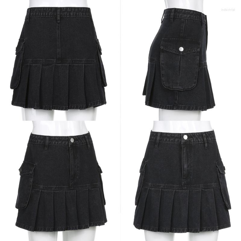 

Skirts Women Harajuku High Waist Black Jeans Pleated Mini Denim Skirt Side Flap Pocket Patchwork Ruffle A-Line Streetwear, Picture shown