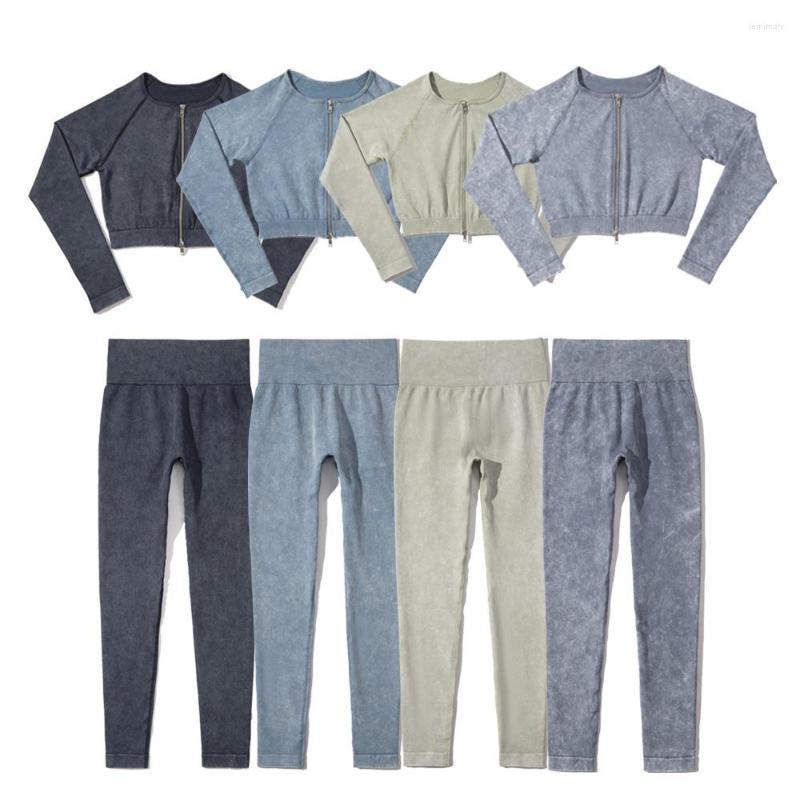 

Active Sets 2 Pc Set For Women Sand Washed Imitation Denim Seamless Knitted Yoga Suit Double Zipper Long Sleeve Running Sports Fitness, Black
