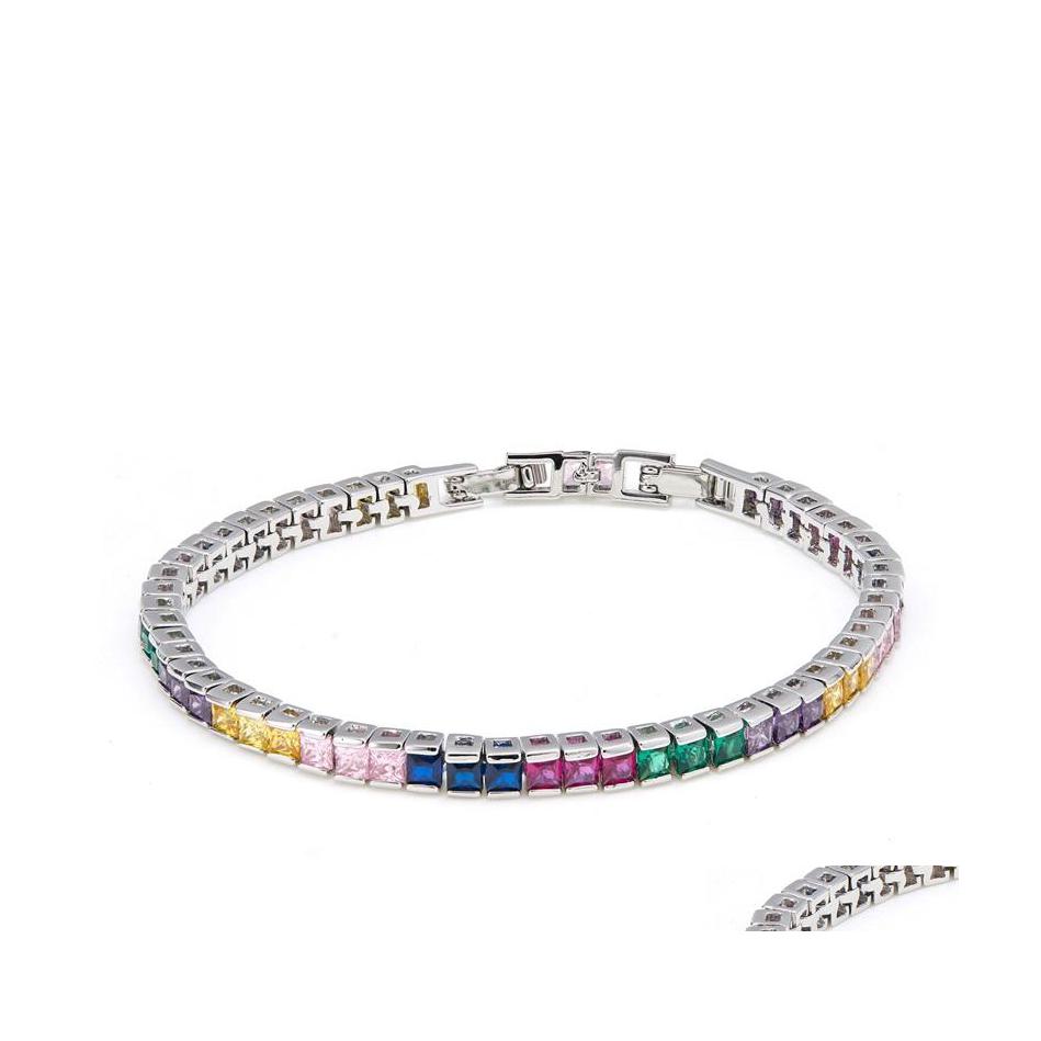 

Link Chain Link 4Mm Square Rainbow Zircon Tennis Bracelet Brass Metal Rhodium/Goldcolor Jewelry 78 Inch Adjustable Rock Unisex Bang Dhyld