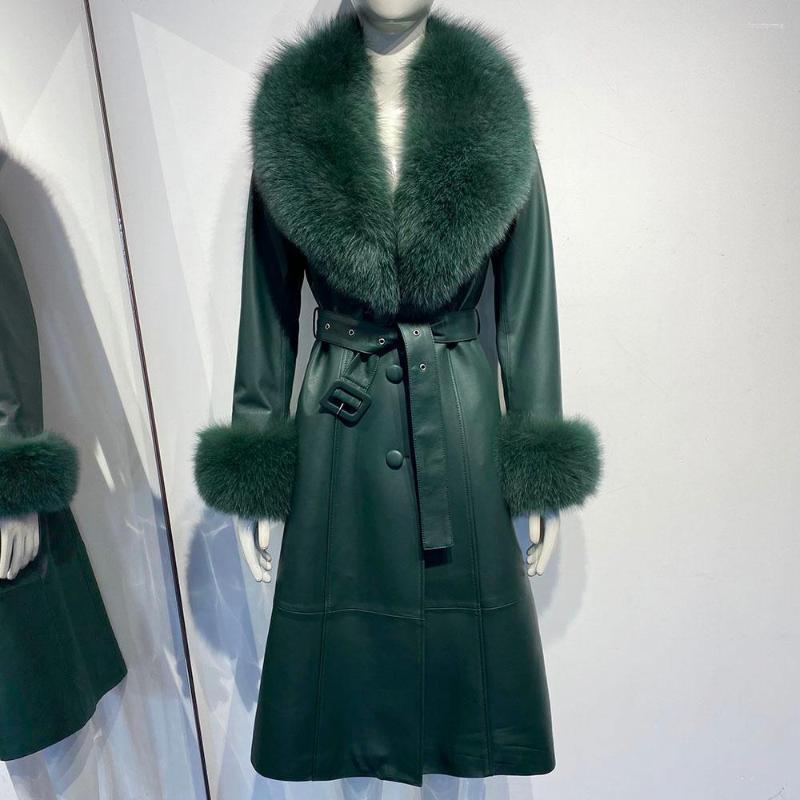 

Women' Leather & Faux Leather Women Real Coat Windbreak With Fur Collar, Blue