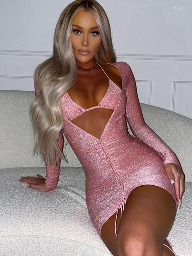 

Casual Dresses Sunshliky Bright Wire Long Sleeve Spring Dress Women Drawstring Fold Short Mini Bandage Deep V Neck Sexy Party, Blue