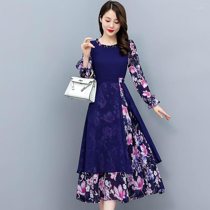 

Casual Dresses Autumn Long Sleeve Patchwork Chiffon Dress Skirt For Women, Black