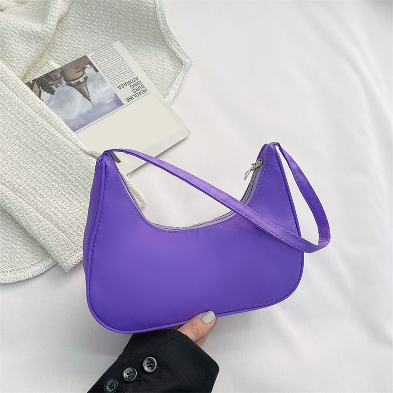 

Soft Nylon Women Leisure Purple Underarm Bag Summer Vintage Solid Color Ladies Underarm Handbags Fashion Design Girls Small Shoulder Bags, Color 01